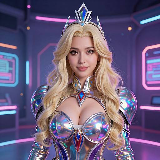 Digital CGI of a blonde woman with long wavy hair, wearing a silver, reflective, futuristic armor with a diamond-shaped crown, set against a neon