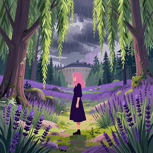Digital anime-style illustration of a pink-haired girl in a black dress standing in a vibrant, rain-soaked lavender field, surrounded by tall trees, with