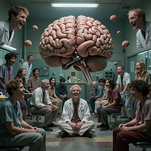 Photograph of a group laughing in a lab, with a large, floating human brain centerpiece and smaller brains suspended around it.