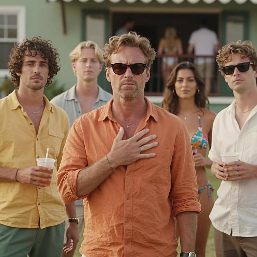 Group of Friends Standing Outdoors in Casual Summer Clothing