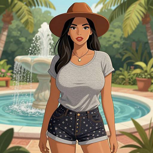 Digital drawing of a curvy woman with long black hair, wearing a brown hat, white tee, and navy shorts, standing by a fountain in a
