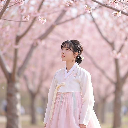 Photograph of an East Asian woman with fair skin, black hair in a bun, wearing a white and pink traditional hanbok, standing in a