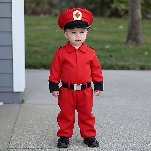 Photograph of a young Caucasian boy in a bright red firefighter outfit with black trim, black shoes, and a red cap with a gold emblem, standing