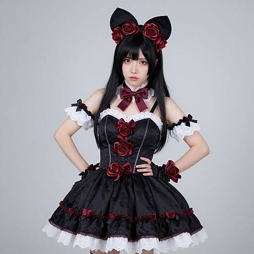 Photograph of an Asian woman in a black and red gothic Lolita dress with lace, bows, and rose accessories, standing against a plain white