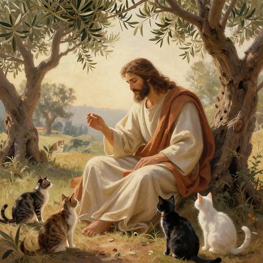 Serene Jesus with Playful Cats
