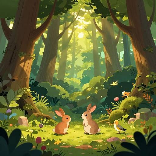 Digital illustration of a sunlit forest with two brown rabbits, a bird, and small mushrooms among lush greenery and tall trees.