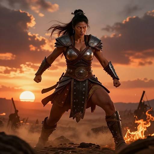 Photorealistic digital artwork of a fierce, muscular warrior woman with dark hair in battle armor, standing in a fiery, sunset-lit battlefield.
