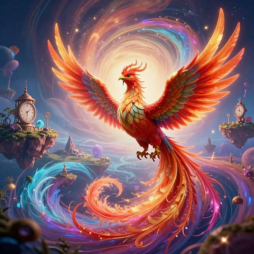 Vibrant digital art of a fiery, majestic phoenix with outstretched wings and glowing tail, soaring amidst swirling cosmic colors and floating clock islands.
