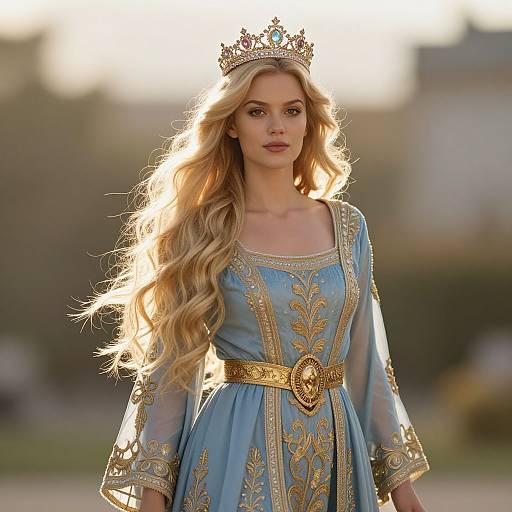 Regal Blonde Woman in Blue Dress