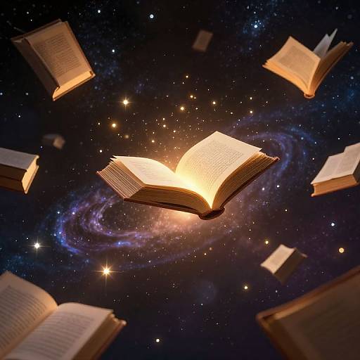 Photograph-like digital artwork of glowing, open books floating in a starry, cosmic space with a colorful nebula background.