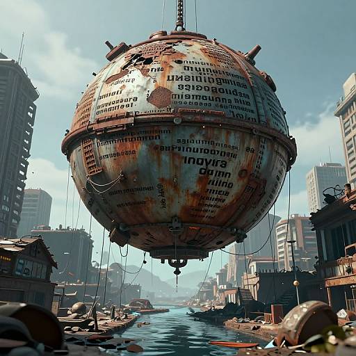 CGI image of a rusted, text-covered, spherical airship hanging over a polluted, industrial city canal with old buildings and boats.