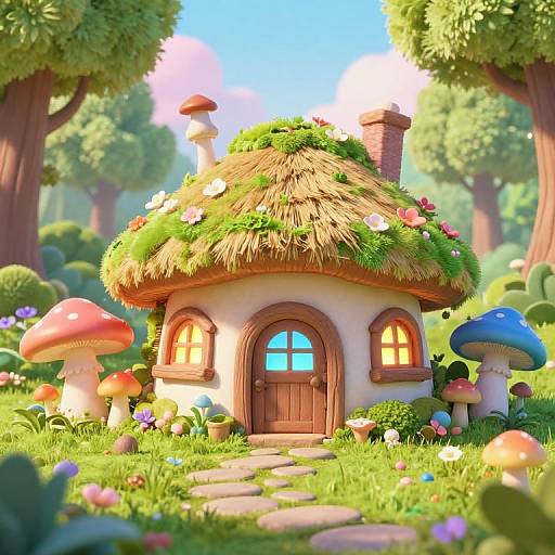 Whimsical CGI fairy house with a thatched roof, flower-covered, surrounded by colorful mushrooms and vibrant forest, sunny blue sky background.