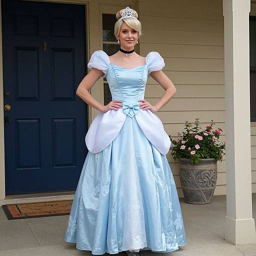 Photograph of a blonde woman in a light blue princess gown with puffed sleeves, black choker, tiara, standing on a porch with a