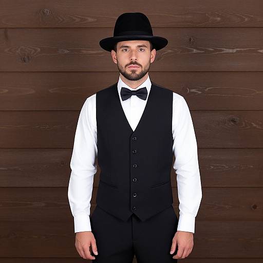 Photograph of a bearded man with light skin, wearing a black bowler hat, white shirt, black vest, and bow tie, standing against