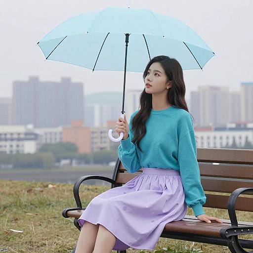 Young Woman Sitting on Bench with Umbrella