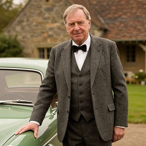 Photograph of an older white man in a gray tweed three-piece suit, black bow tie, standing beside a green vintage car, in front of