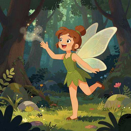 Cartoon fairy with brown hair, green dress, and transparent wings, joyfully conjures sparkles in a vibrant, enchanted forest. Digital illustration.