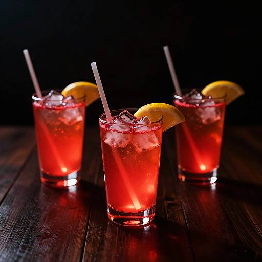 Photograph of three vibrant red cocktails with ice, lemon slices, and white straws on a dark wooden surface, against a black background.