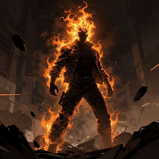 Digital artwork of a silhouetted, fiery humanoid figure with blazing orange flames engulfing its head and upper body, standing amidst rubble and dark,