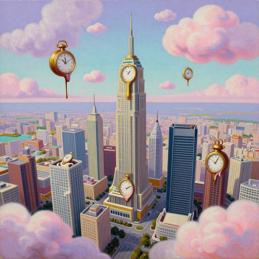 Digital artwork of a cityscape with floating clock towers above skyscrapers, under a vibrant blue sky with pink clouds.
