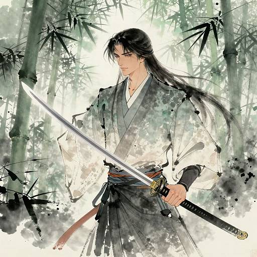 Digital anime-style drawing of a serious, long-haired samurai with black hair, holding a glowing sword, wearing traditional black and white attire, amidst a