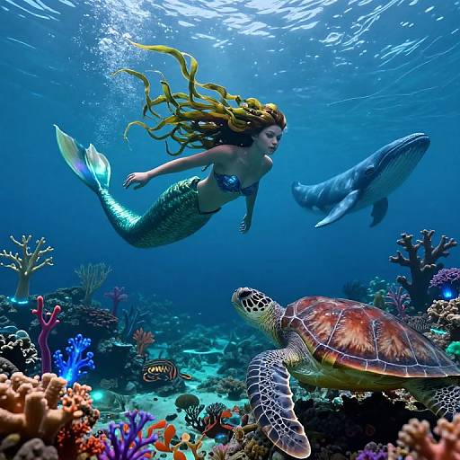 Photograph of a yellow-haired mermaid with green scales, swimming underwater beside a whale and a sea turtle, surrounded by vibrant coral reefs.