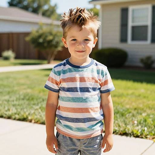 Photograph of a smiling young boy with spiky brown hair, wearing a striped shirt and blue jeans, standing on a sunny suburban lawn.