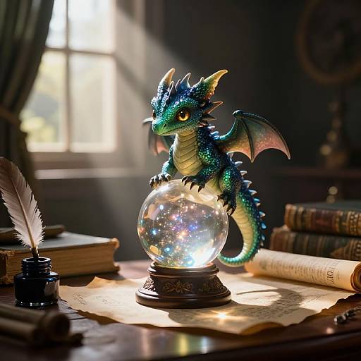 Photograph of a glowing, blue-green, sparkling dragon figurine with wings perched on a crystal snow globe, illuminated by sunlight, atop a clutter
