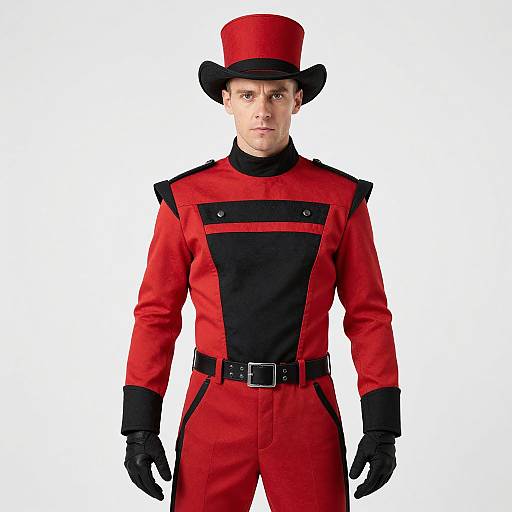 Photograph of a young man in a red and black military-style uniform, black gloves, and red top hat, standing against a white background.