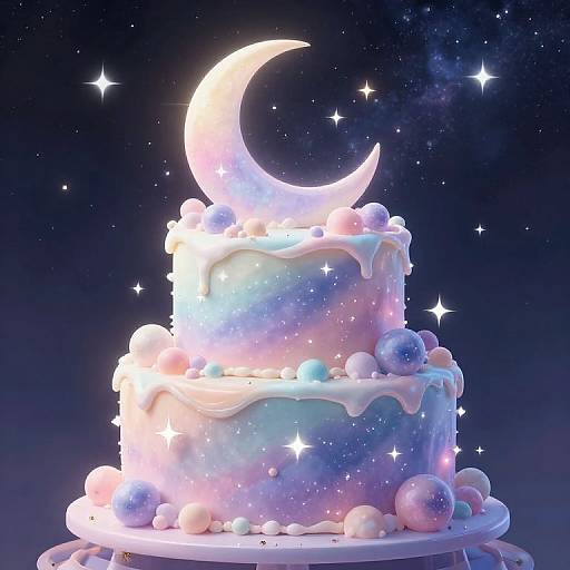 Glowing, two-tiered galaxy cake with a crescent moon, pastel spheres, and starry night sky backdrop. Whimsical,
