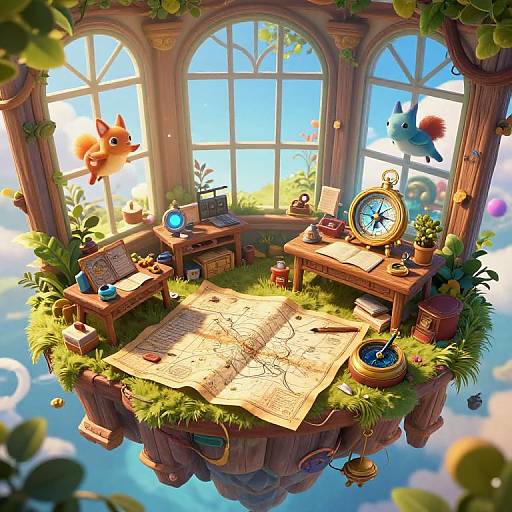 Whimsical floating study nook with arched windows, map, clock, plants, fish, books, and writing tools, bathed in sunlight