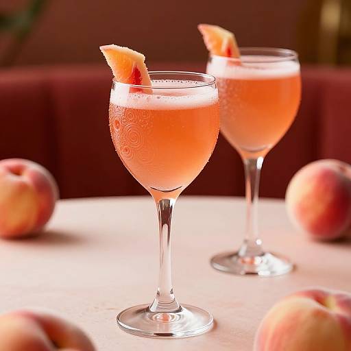 Photograph of two frosted pink cocktails with orange slice garnishes, on a white table, surrounded by blurred pink apples in a red-lit background