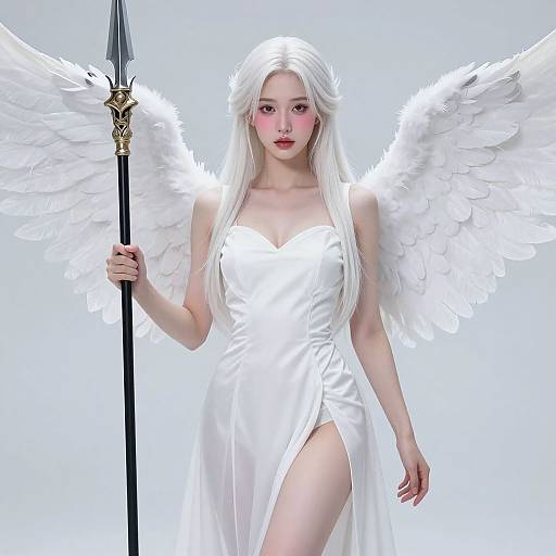 Digital artwork of a pale-skinned, long-haired white angel with pink lips, white wings, holding a spear, wearing a white, strapless,