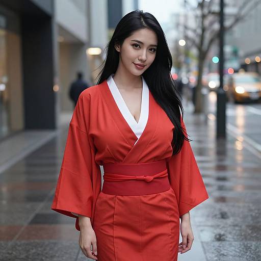 Elegant Woman in Red Kimono Urban
