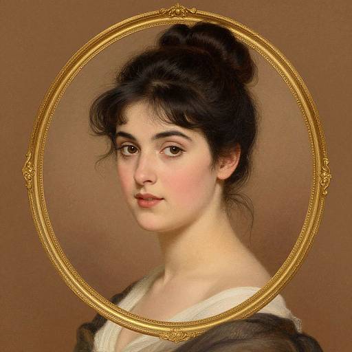 Digital painting of a young woman with pale skin, dark hair in a bun, and brown eyes, framed by an ornate gold oval frame, against