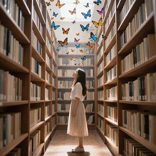 Photograph of a young woman in a white dress, standing in a sunlit library aisle with colorful butterflies floating above her.