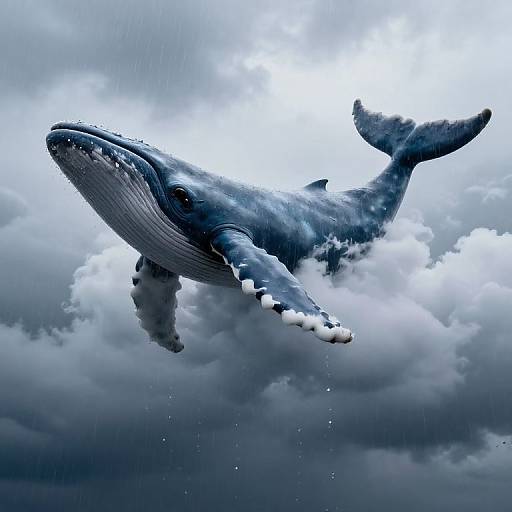 Digital artwork of a large, gray-blue whale soaring through a dramatic, cloudy sky, with raindrops visible and sunlight breaking through.