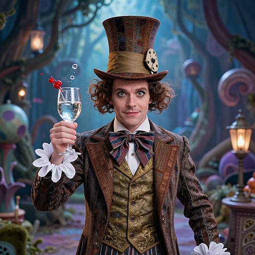 Photograph of a curly-haired man in a brown top hat with a skull pin, holding a glass of water with red berries, wearing a plaid