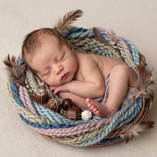 Photograph of a sleeping newborn baby in a colorful, rope-woven basket with fur trim, surrounded by chocolate and decorative candies.