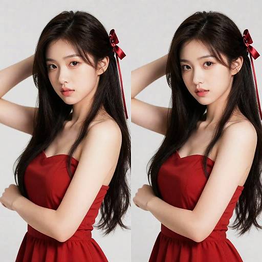 Side-by-Side Portrait of Asian Woman in Red Dress