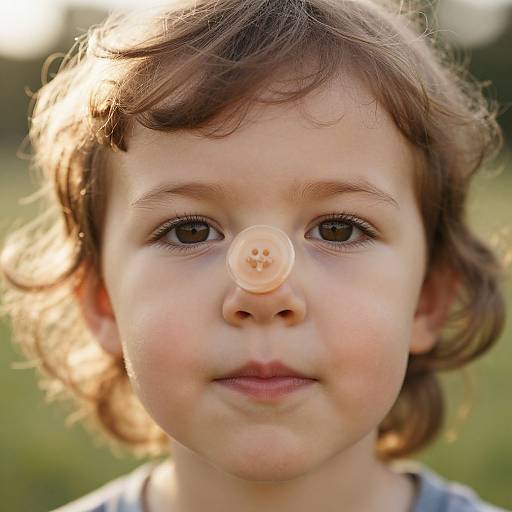 Photograph of a young child with curly brown hair, fair skin, and brown eyes, wearing a beige button on their nose, smiling softly, with