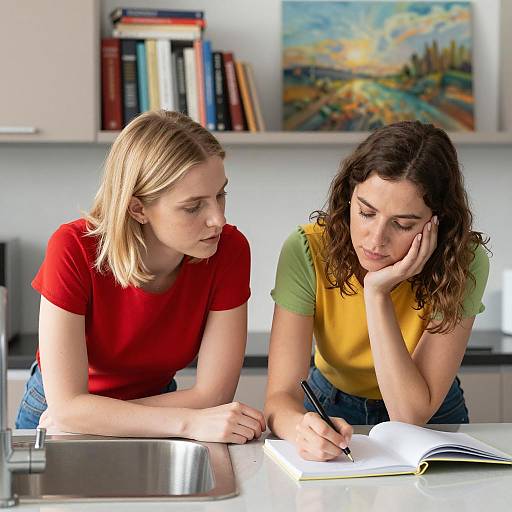 Two Women Studying Together in Kitchen