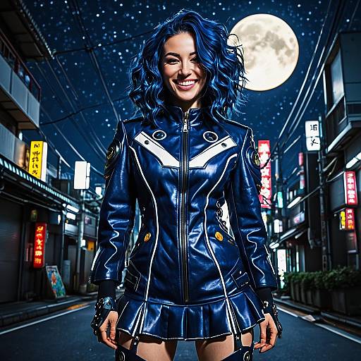 Woman in Cyberpunk Leather Suit at Night in Tokyo