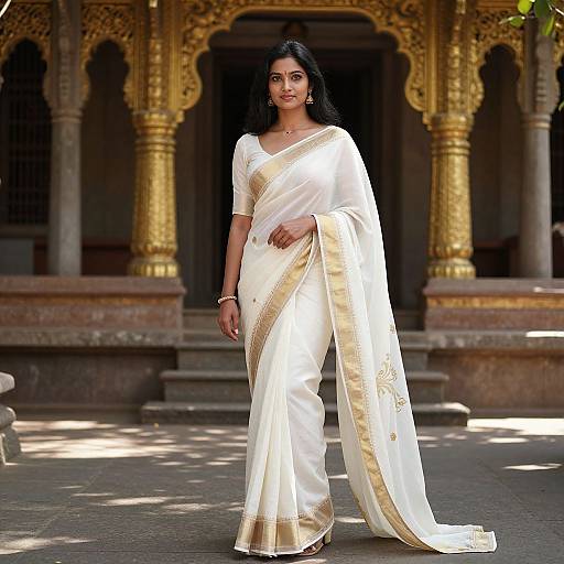 Photograph of an Indian woman with long black hair, wearing a white and gold traditional saree, standing in front of a golden-arched temple