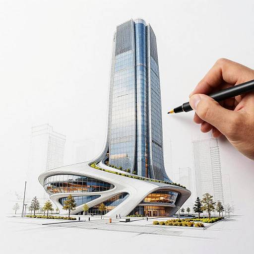 Photorealistic illustration of a towering, futuristic glass skyscraper with a curved, white base, drawn by a hand holding a pen.