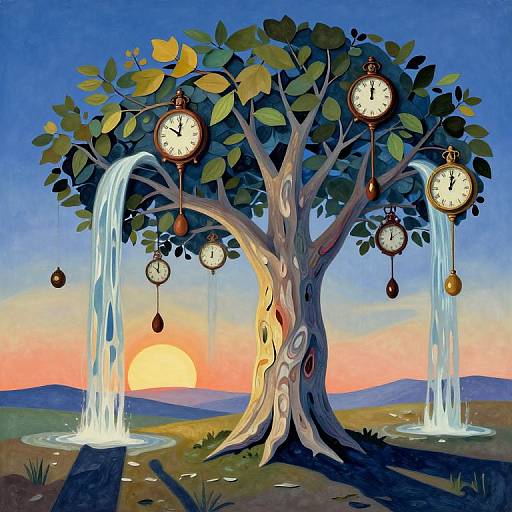 Surreal Tree with Flowing Timepieces
