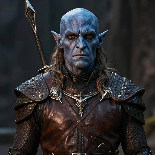 Photograph of a blue-skinned, bald male elf with long brown hair, wearing dark, armored leather with metallic accents, holding a sharp spear,