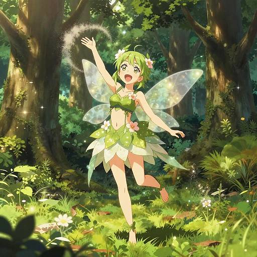 Anime-style fairy in a sunlit forest, wearing green leafy outfit and flower crown, with translucent wings, sparkling dust trail, joyful expression.