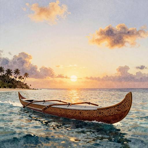 Ornate Polynesian Voyaging Canoe at Sunset