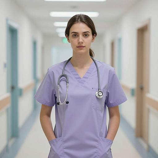 Female Nurse in Lavender Scrubs in Hospital Hallway